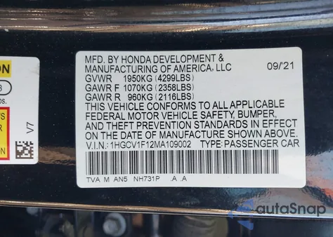 2021 Honda Accord Lx из США, поврежденный, VIN 1HGCV1F12MA109002